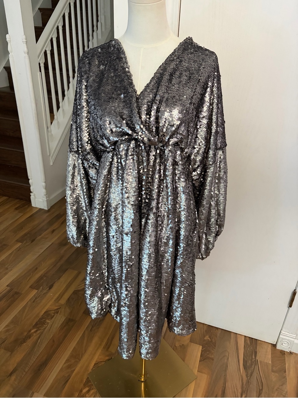 ASOS DRAMATIC Silver Sequin Crossover Party Dress, US 10, NWT